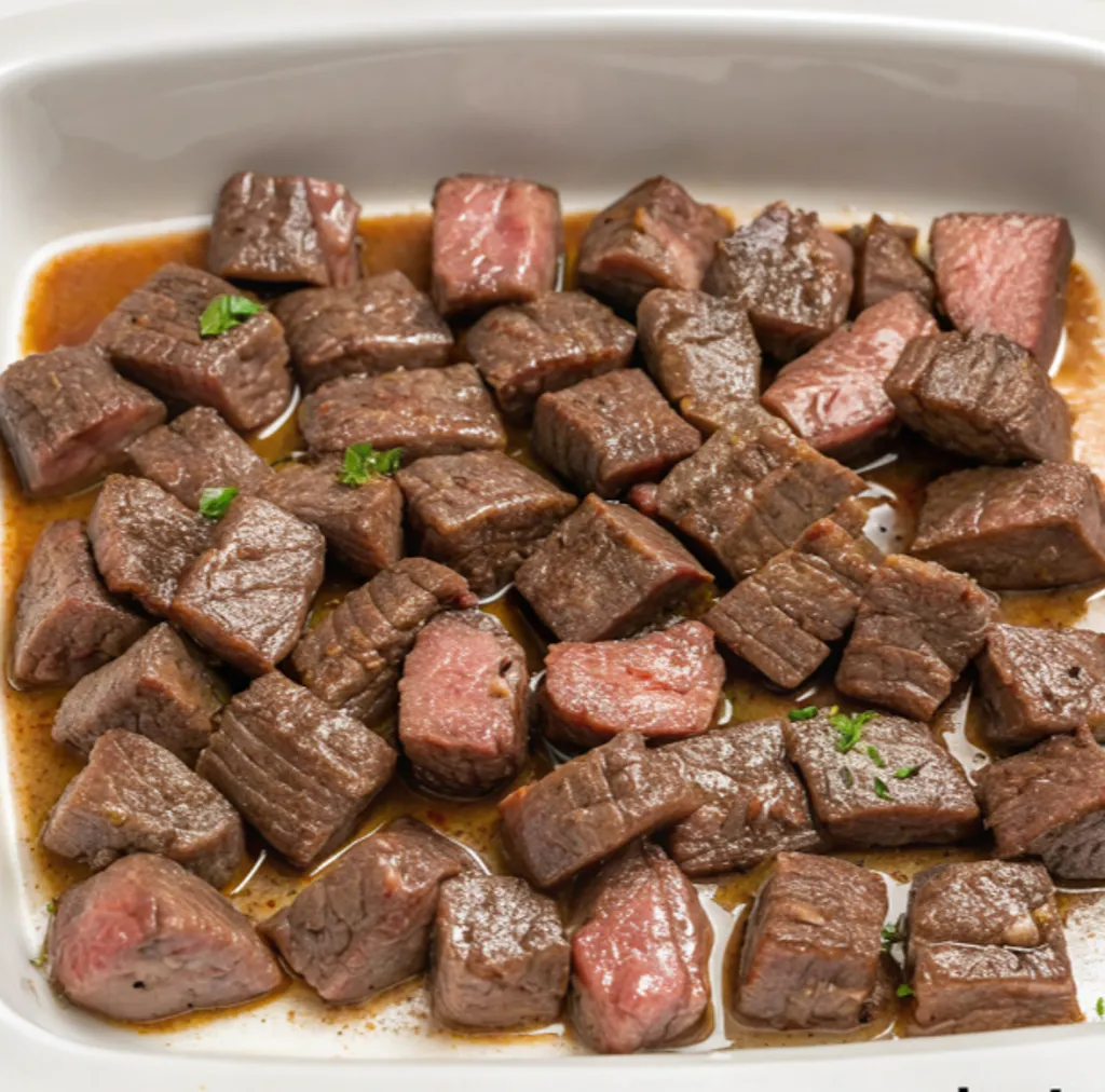 Tender, juicy cubes of beef “No-Peek,” rich brown and slightly pink inside, in a white bread dish.