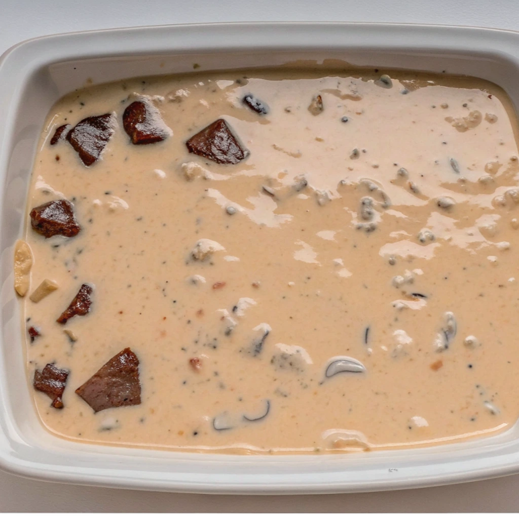 A white baking dish holds a thick, light-colored cream sauce mixed with spices and dark, square chunks of beef tips