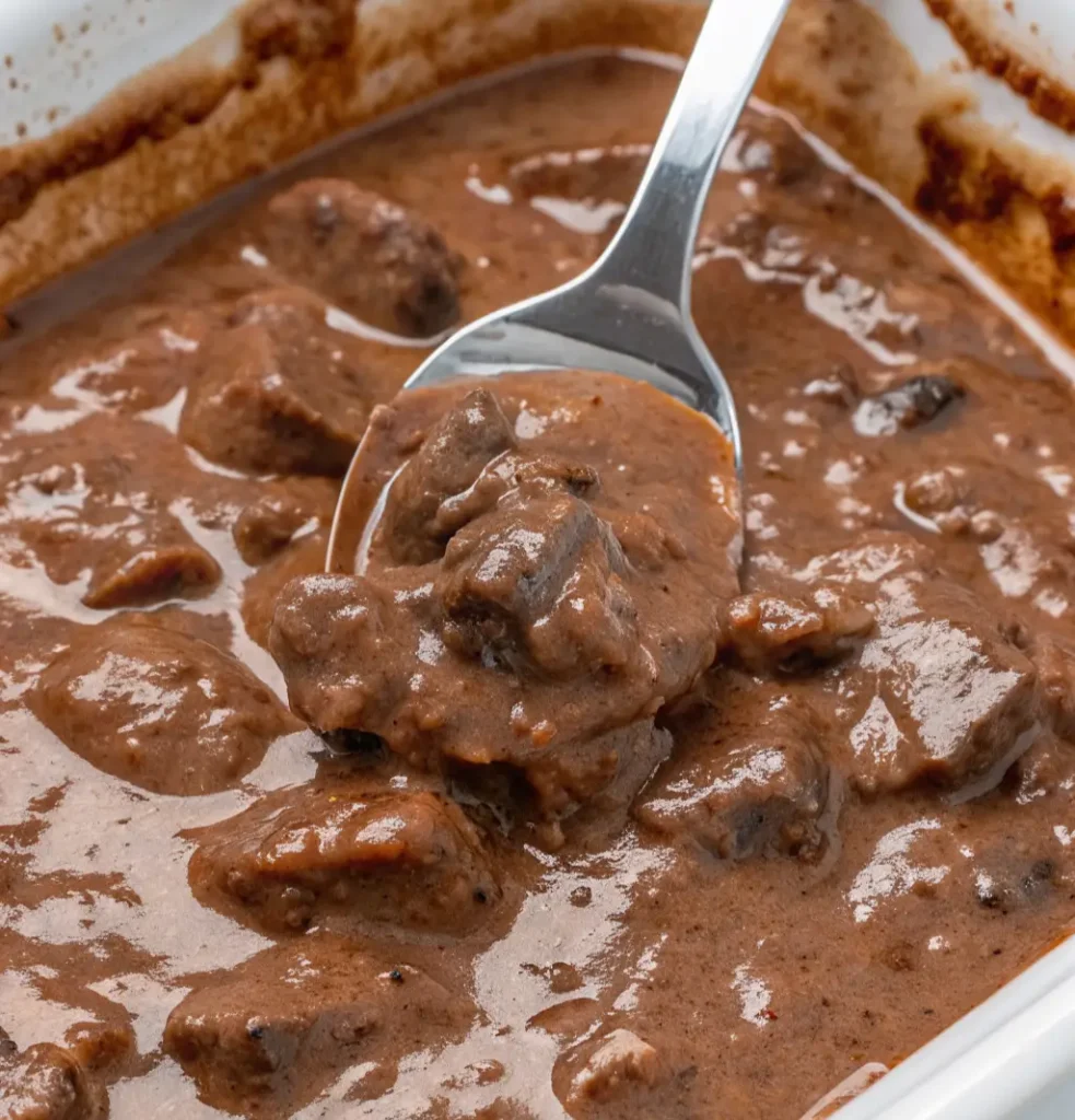 silver spoon lifting a dark, tender beef tip from the dense, brown gravy in a white baking dish, highlighting No Peek Beef Tips.