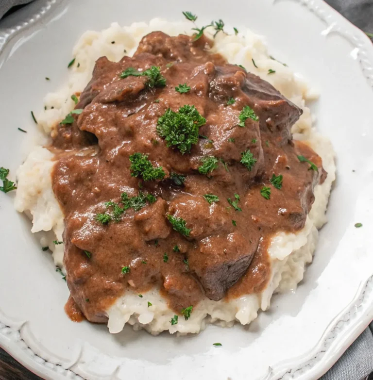 No Peek Beef Tips Recipe A large plate of tender, dark brown beef tips and thick gravy is placed on a mound of fluffy white mashed potatoes, garnished with fresh parsley on a white plate.