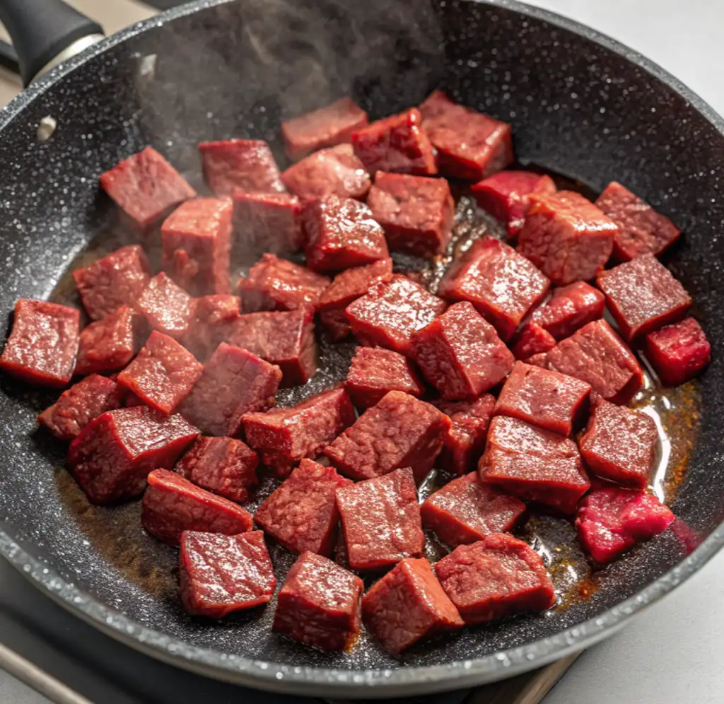 Vibrant red cubes of beef tips are searing in a dark non-stick frying pan,