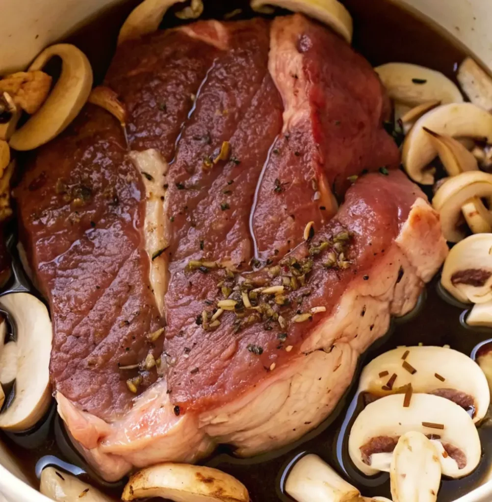 Uncooked Pikes Peak Roast Beef, generously seasoned with herbs and surrounded by sliced mushrooms, ready to be slow-cooked in a rich, flavorful marinade.