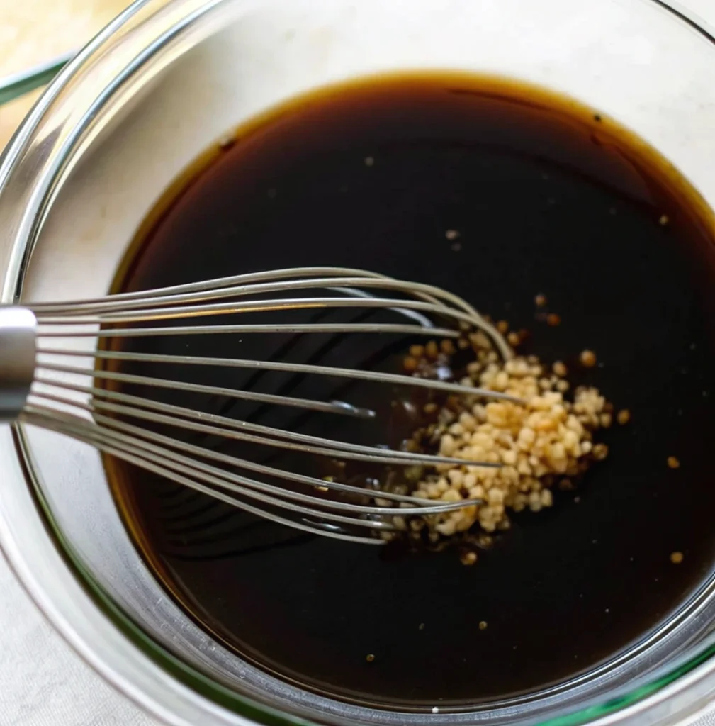 A transparent glass bowl containing a black liquid sauce consisting of soy sauce, minced garlic, ground coffee, and a metal mixer that mixes everything together.