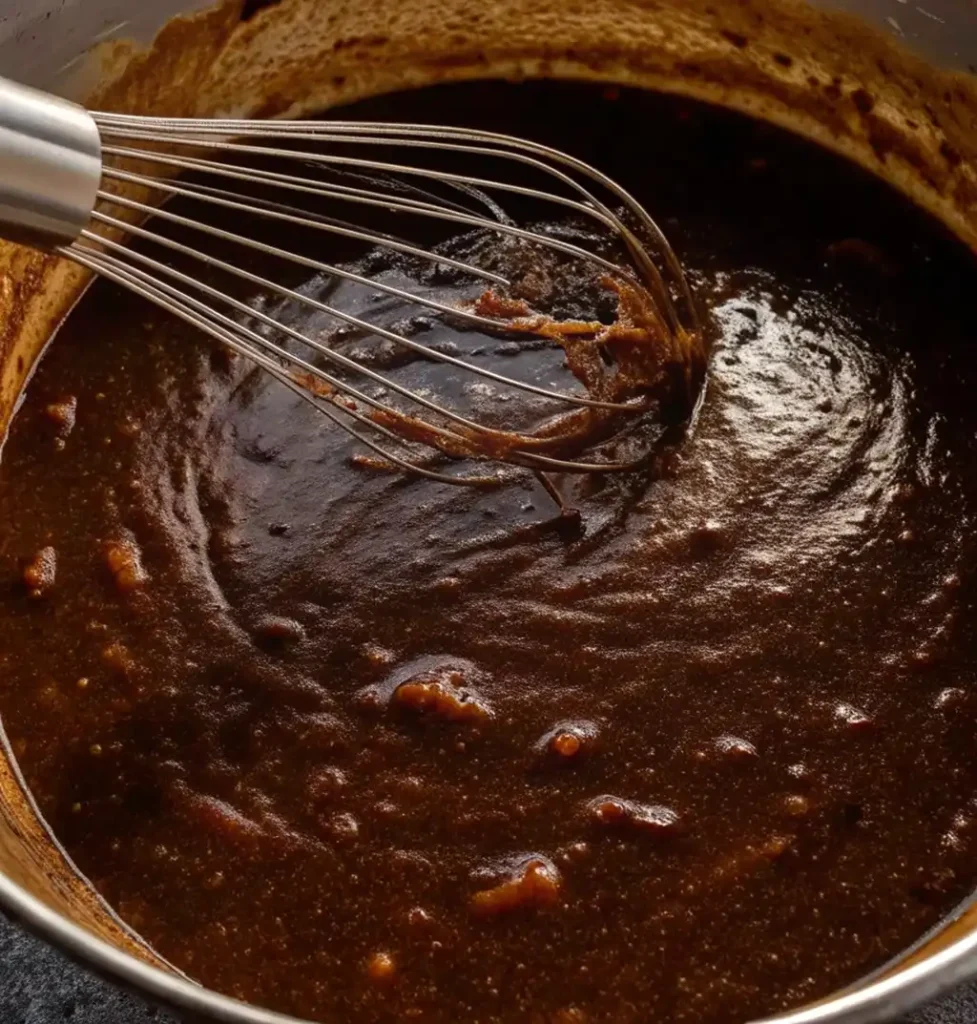 A whisk stirs the mushroom and onion broth, which looks thick, rich, and dark brown in a pot.