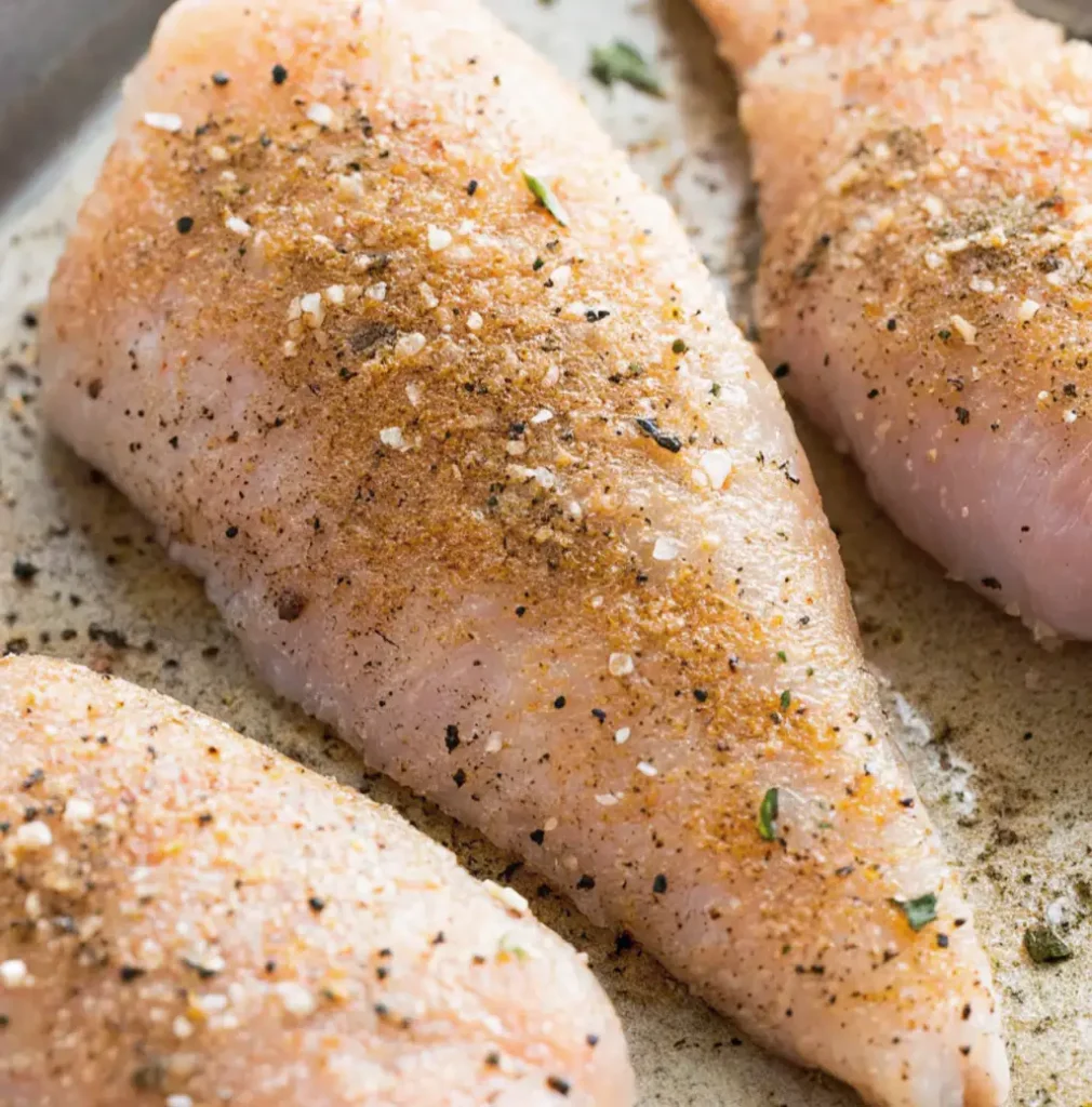 Three raw chicken breasts are closely focused on a baking sheet, heavily coated with a coarse, savory brown seasoning blend