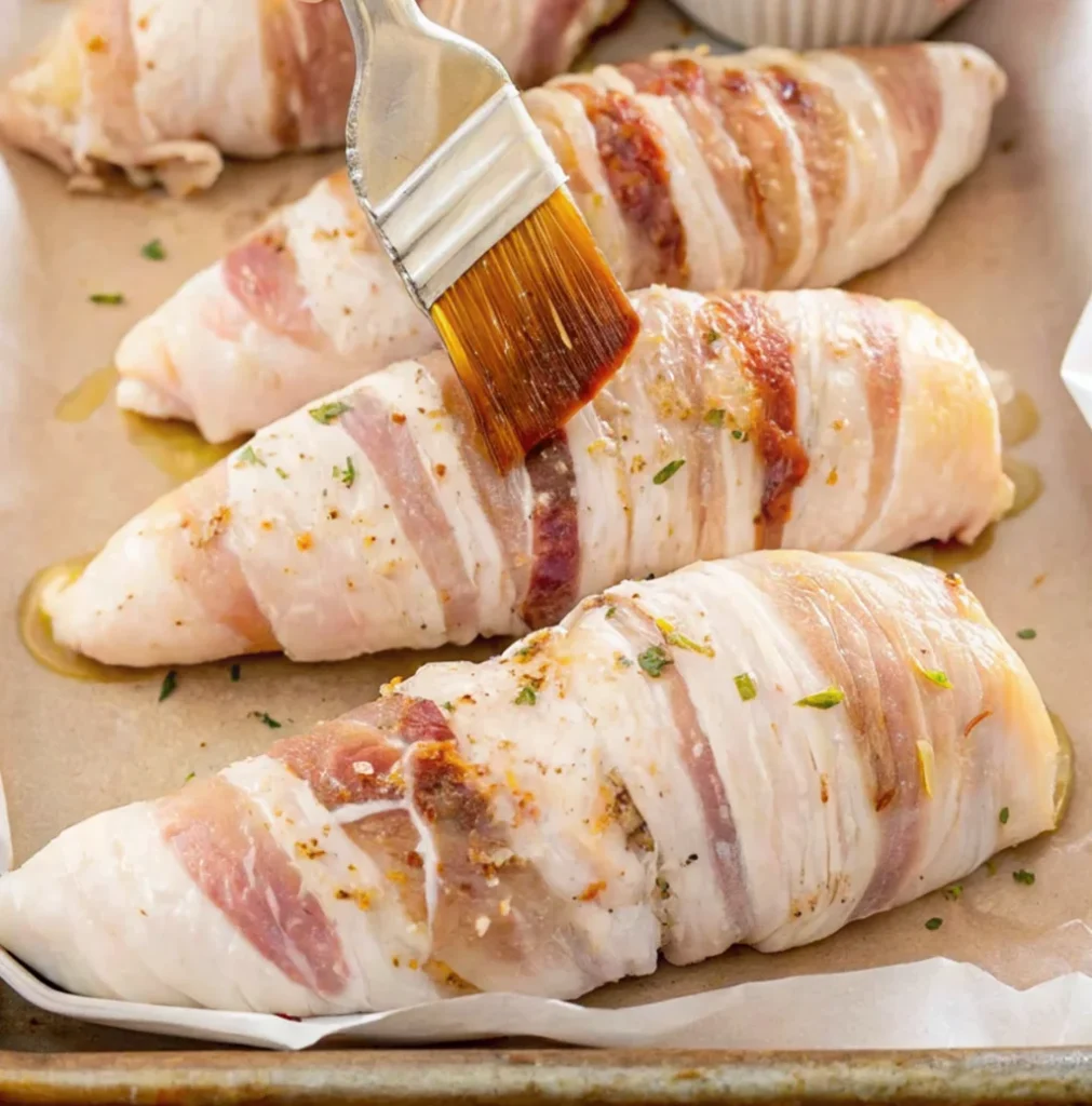 Raw, bacon-wrapped chicken breasts are arranged on a parchment-lined baking sheet, as a hand uses a pastry brush to apply a brown glaze or seasoning mixture to the top.