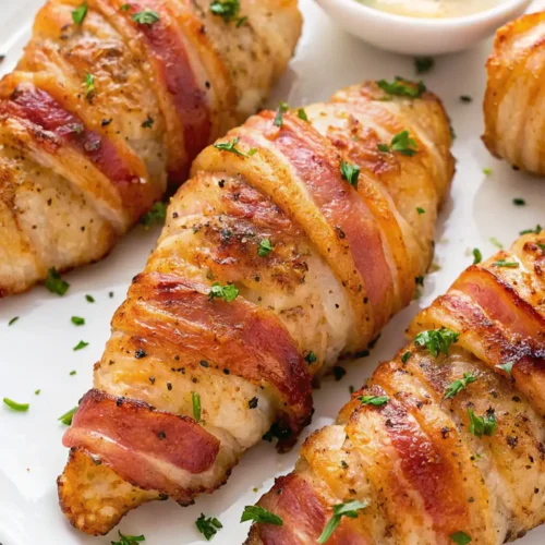 Four cooked, golden-brown ranch bacon wrapped chicken breasts are presented on a white plate, garnished with fresh parsley, showing the crispy, cooked bacon strips.