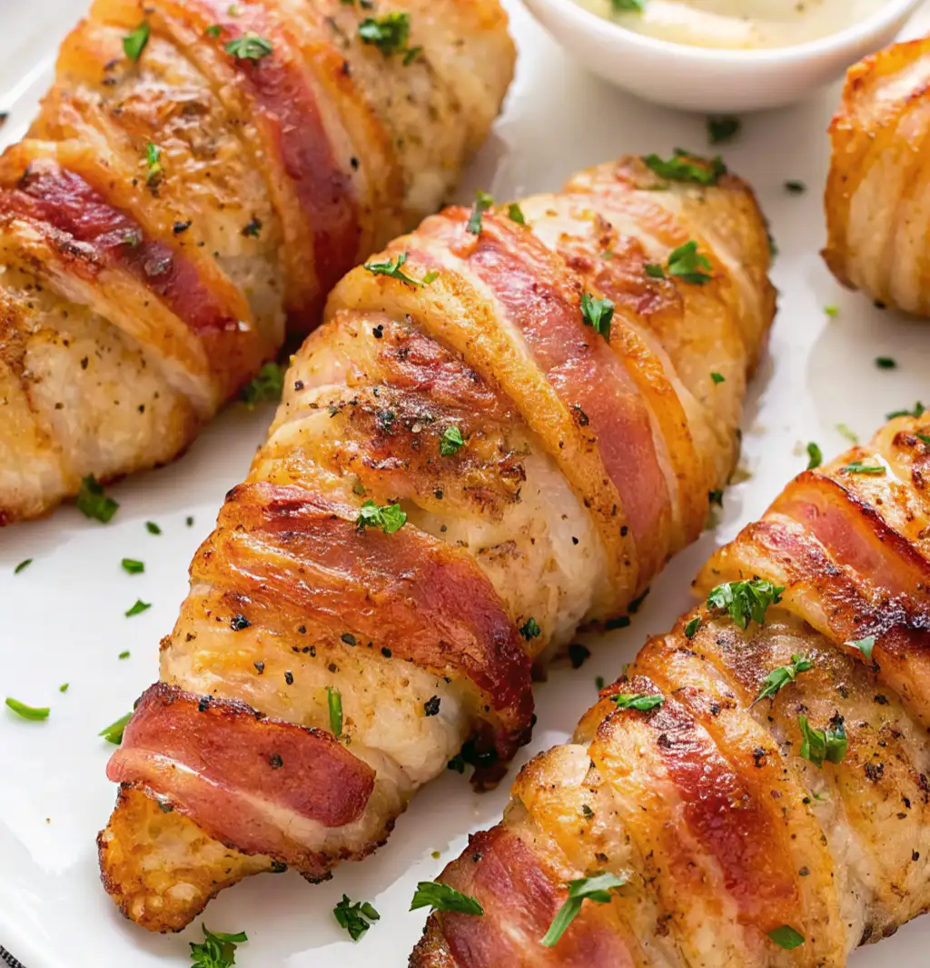 Four cooked, golden-brown ranch bacon wrapped chicken breasts are presented on a white plate, garnished with fresh parsley, showing the crispy, cooked bacon strips.