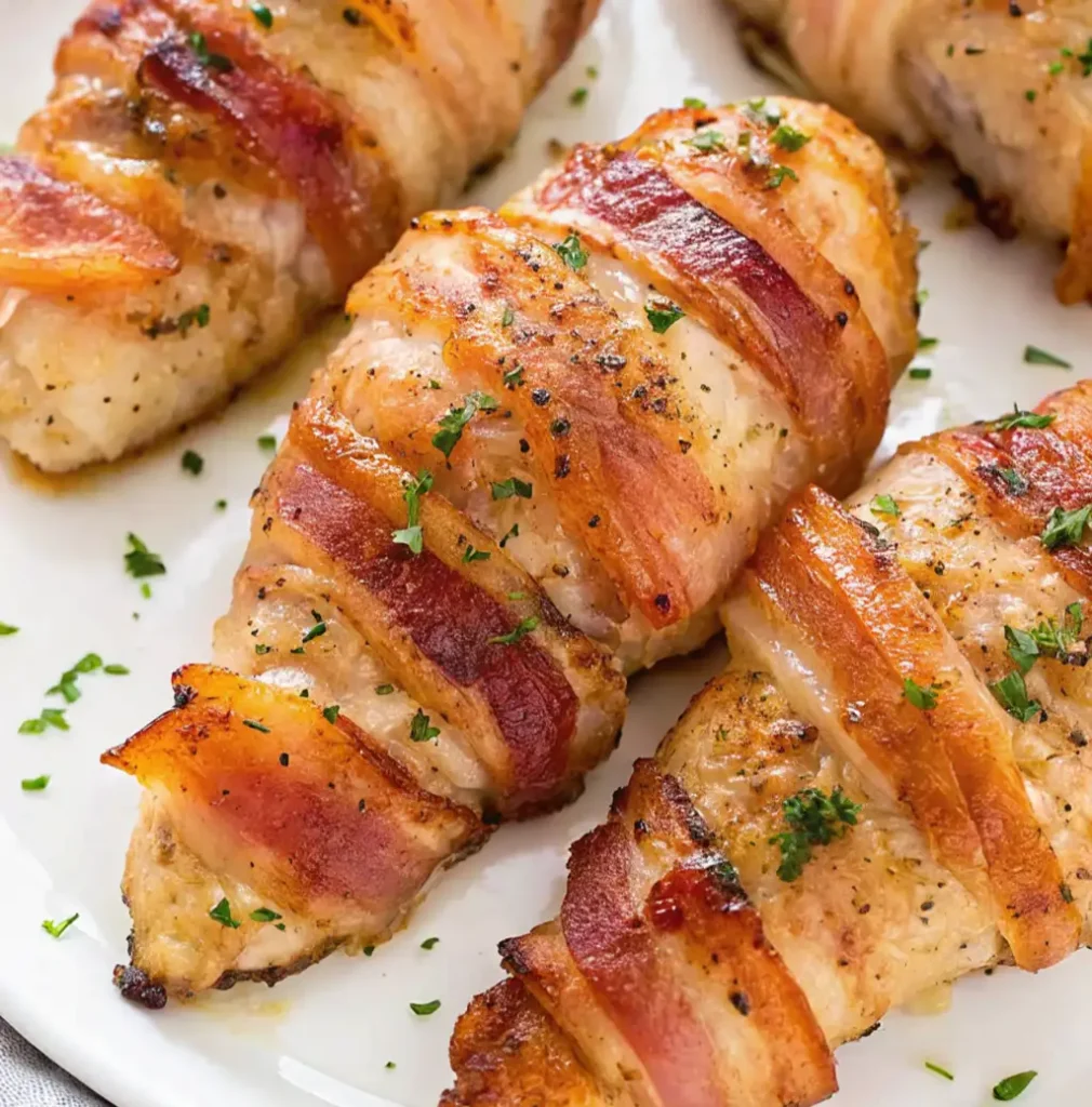Four cooked, golden-brown ranch bacon wrapped chicken breasts are presented on a white plate, garnished with fresh parsley, showing the crispy, cooked bacon strips.