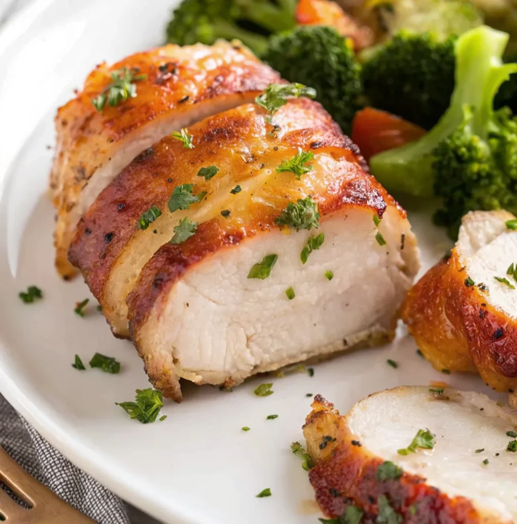 A cooked ranch bacon wrapped chicken breast is sliced to show the juicy white meat interior, served on a white plate with a side of bright green steamed broccoli and other vegetables.