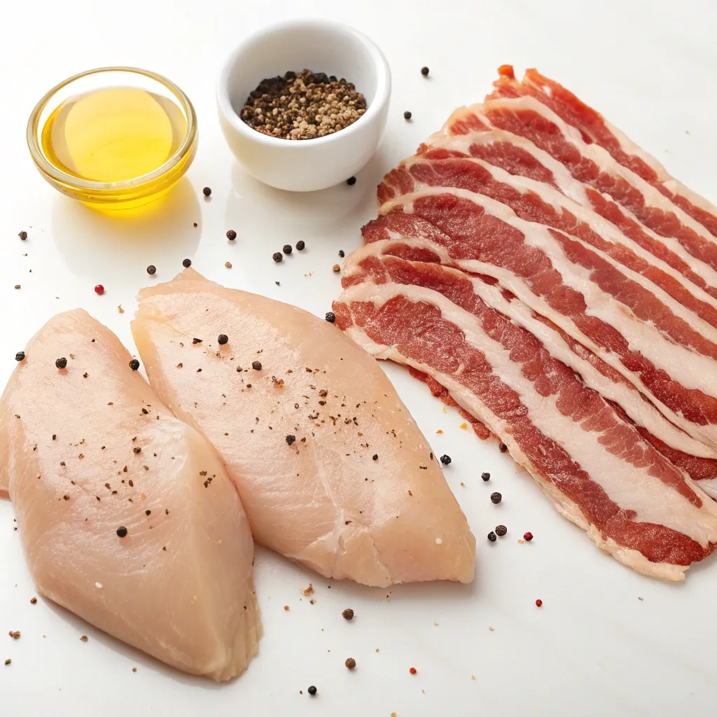 Ingredients for ranch bacon wrapped chicken are displayed on a white surface: two raw, peppered chicken breasts, slices of raw bacon, a small bowl of black peppercorns, and a dish of oil.