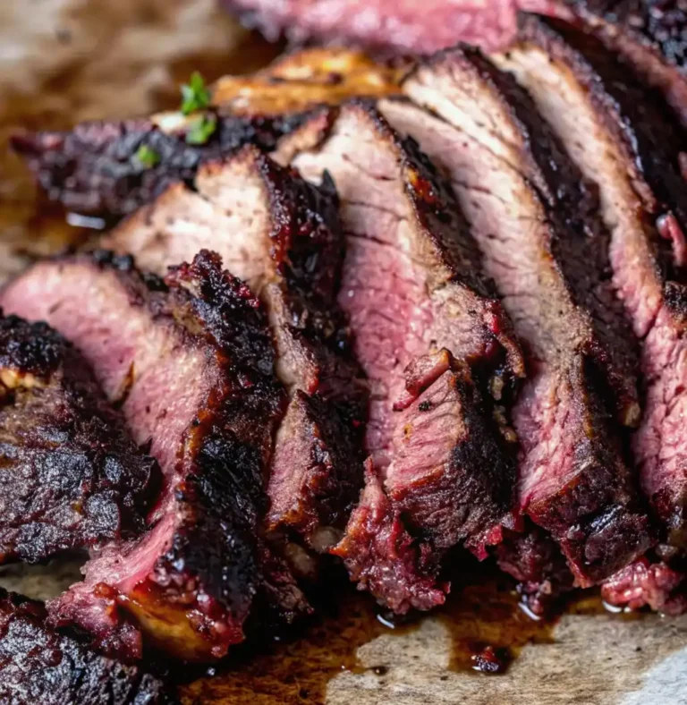 A close-up view of thick-cut smoked brisket slices, revealing a dark, peppery bark and a vibrant pink smoke ring against the moist, tender interior. for Smoke Brisket At 180 Or 225