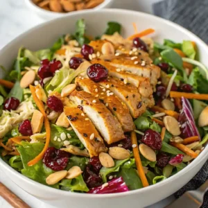 Overhead shot of Asian Chicken Cranberry Salad with grilled chicken, dried cranberries, and shredded cabbage