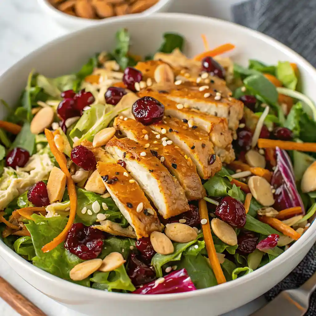 Overhead shot of Asian Chicken Cranberry Salad with grilled chicken, dried cranberries, and shredded cabbage