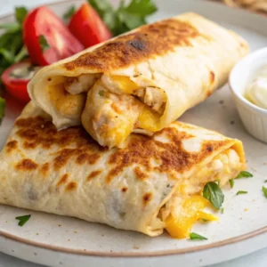 Close-up of a cheesy garlic chicken wrap sliced in half showing juicy filling