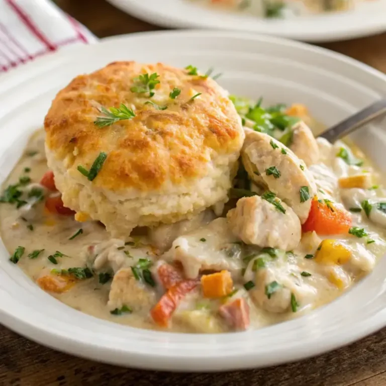 A picture showing the final result of a Cheddar Bay Biscuit Chicken Pot Pie recipe served on a white plate