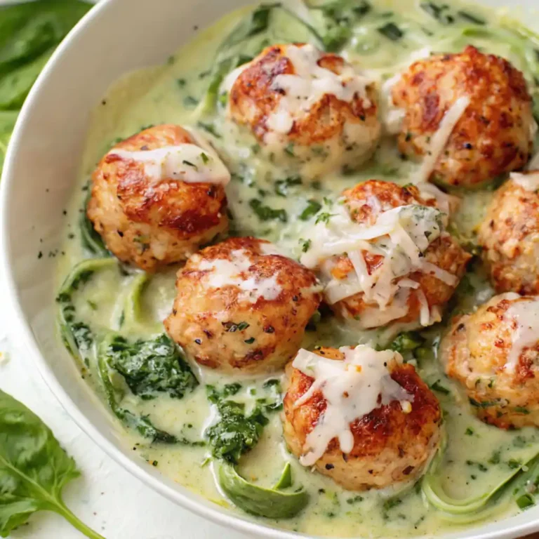 Chicken Ricotta Meatballs with Spinach Alfredo Sauce served in a creamy white bowl for an easy dinner recipe