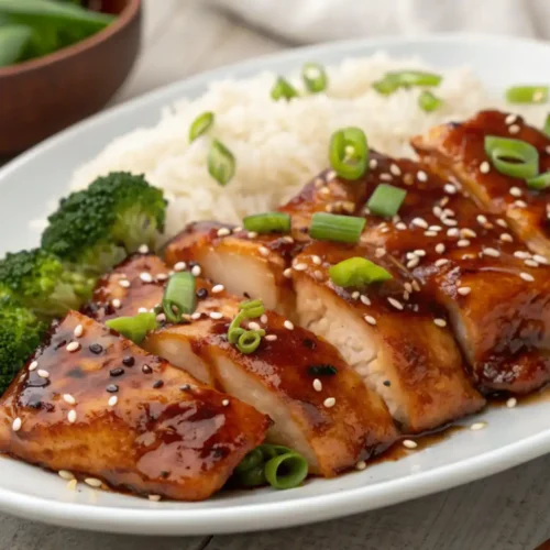 A picture of a recipe Panda Express Grilled Teriyaki Chicken on a white dish with rice