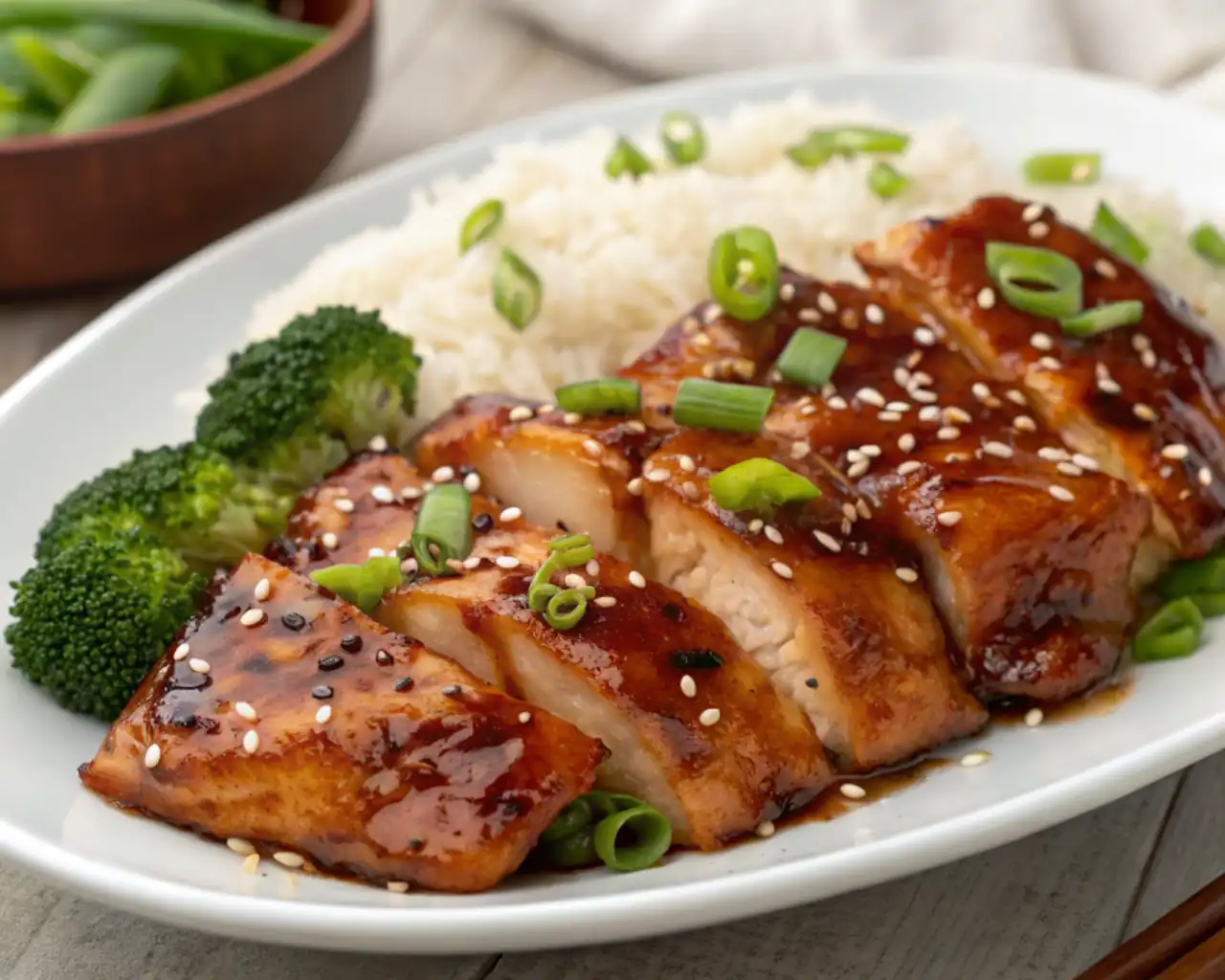 A picture of a recipe Panda Express Grilled Teriyaki Chicken on a white dish with rice