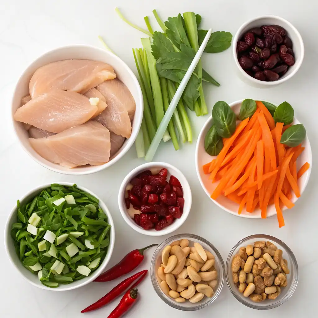 Close-up of vibrant Asian Chicken Cranberry Salad showing crunchy veggies, sweet cranberries, and juicy grilled chicken