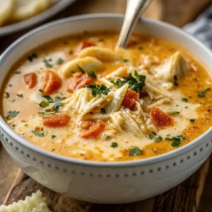 A bowl of Crock Pot Creamy Chicken Parmesan Soup topped with shredded cheese and herbs, served warm in a rustic ceramic bowl, with a spoon on the side."