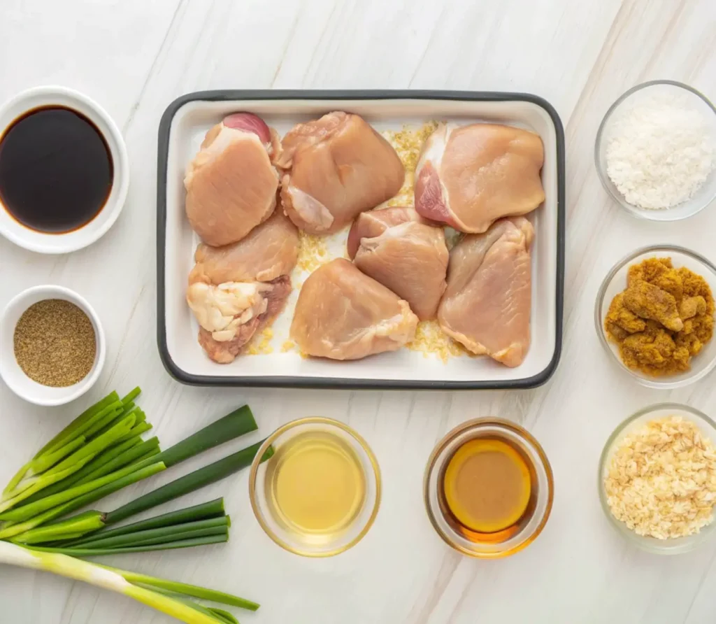 Raw chicken thighs in a pan, surrounded by ingredients for a teriyaki dish: soy sauce, pepper, scallions, oil, honey, minced ginger, minced garlic, and rice.