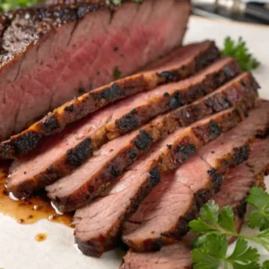 Sliced Beef Brisket with a smoky crust and juicy pink center