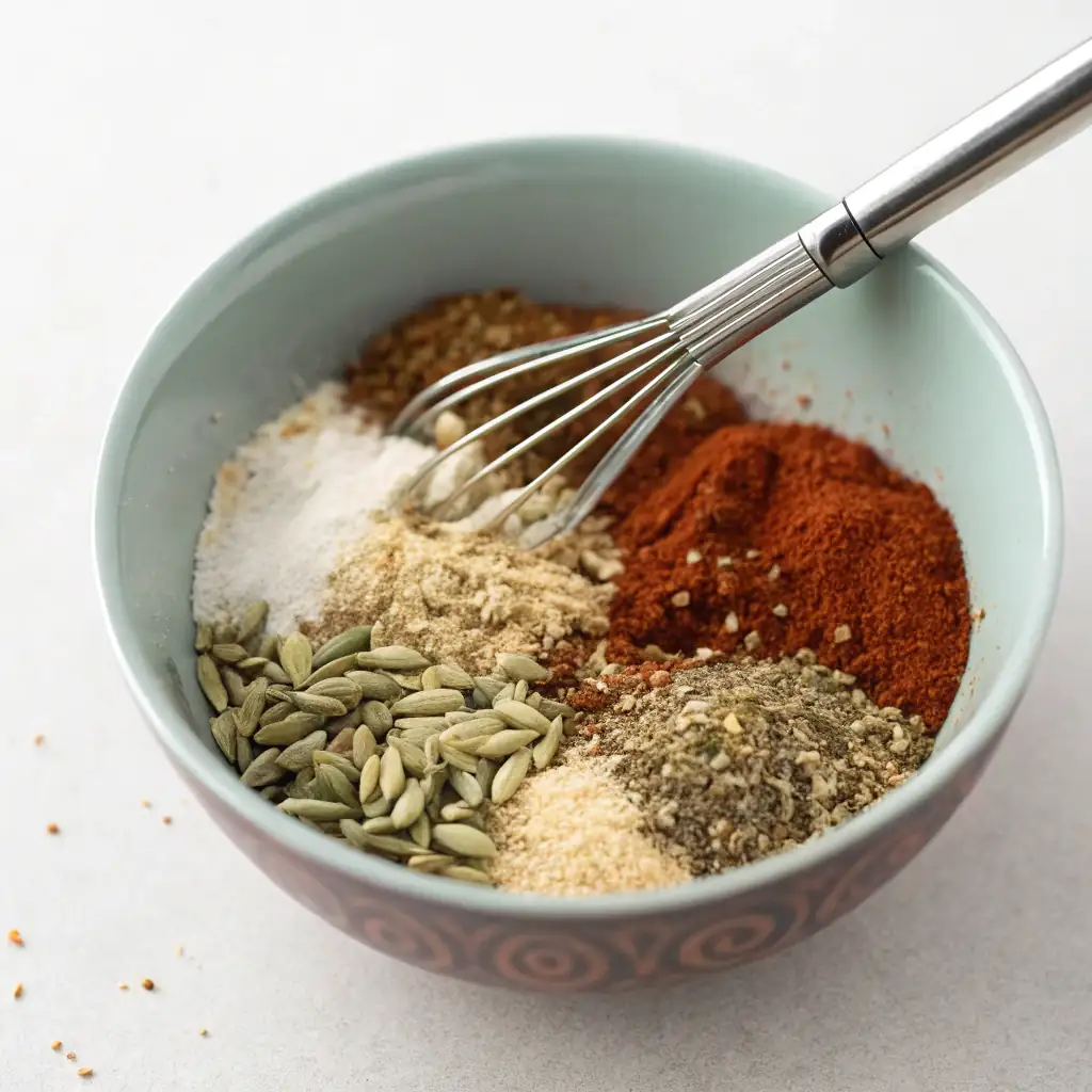 Combination of fennel seeds, sage, paprika and other spices in a light blue bowl with a whisk, ready to mix