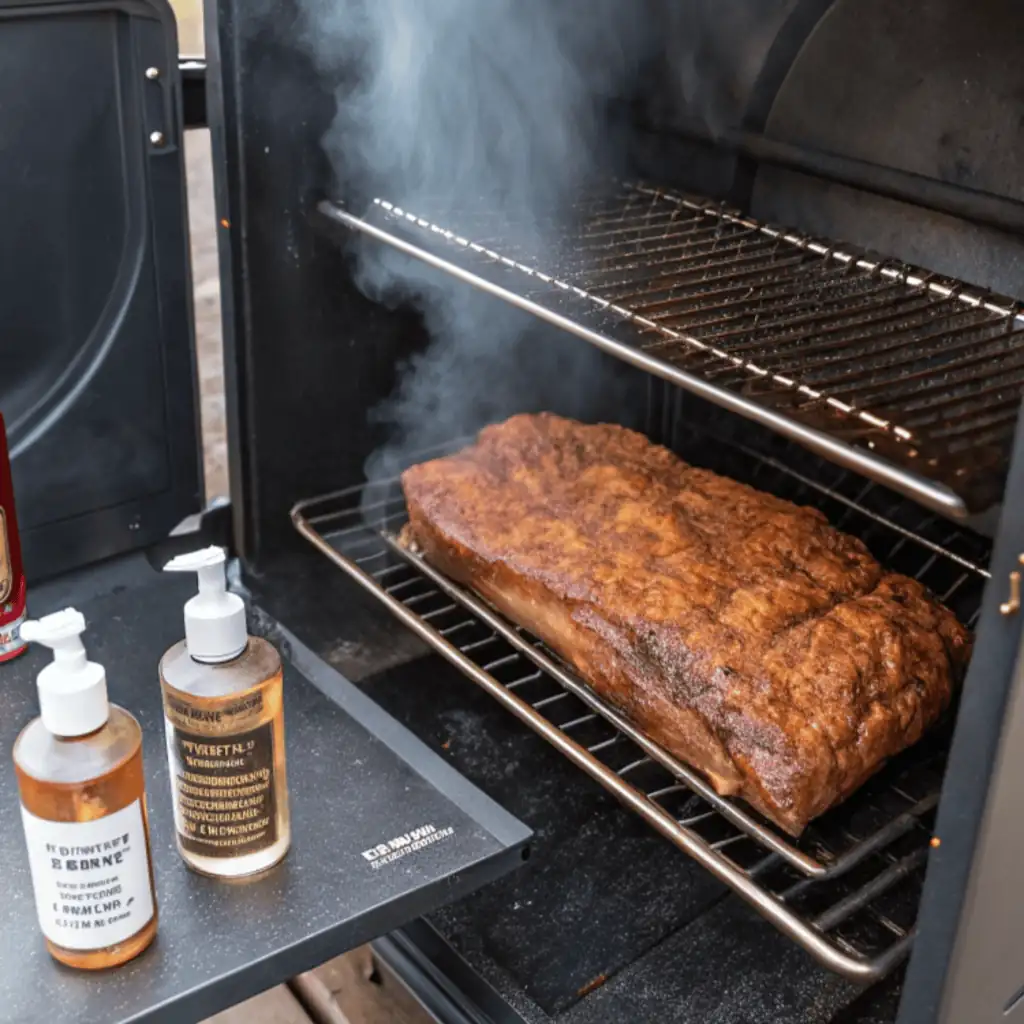 A large, seasoned brisket smoking in a preheated smoker, with bottles of apple cider vinegar mixture on the side.