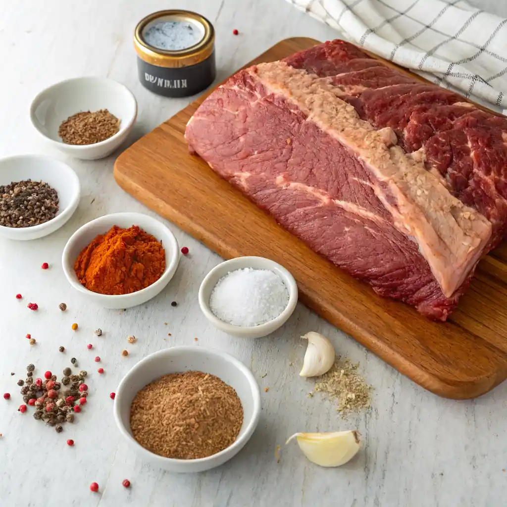 Ingredients for chopped brisket A 12-15 lb whole packer brisket on a cutting board with bowls of kosher salt, black pepper, garlic powder, onion powder, smoked paprika, and cayenne pepper.