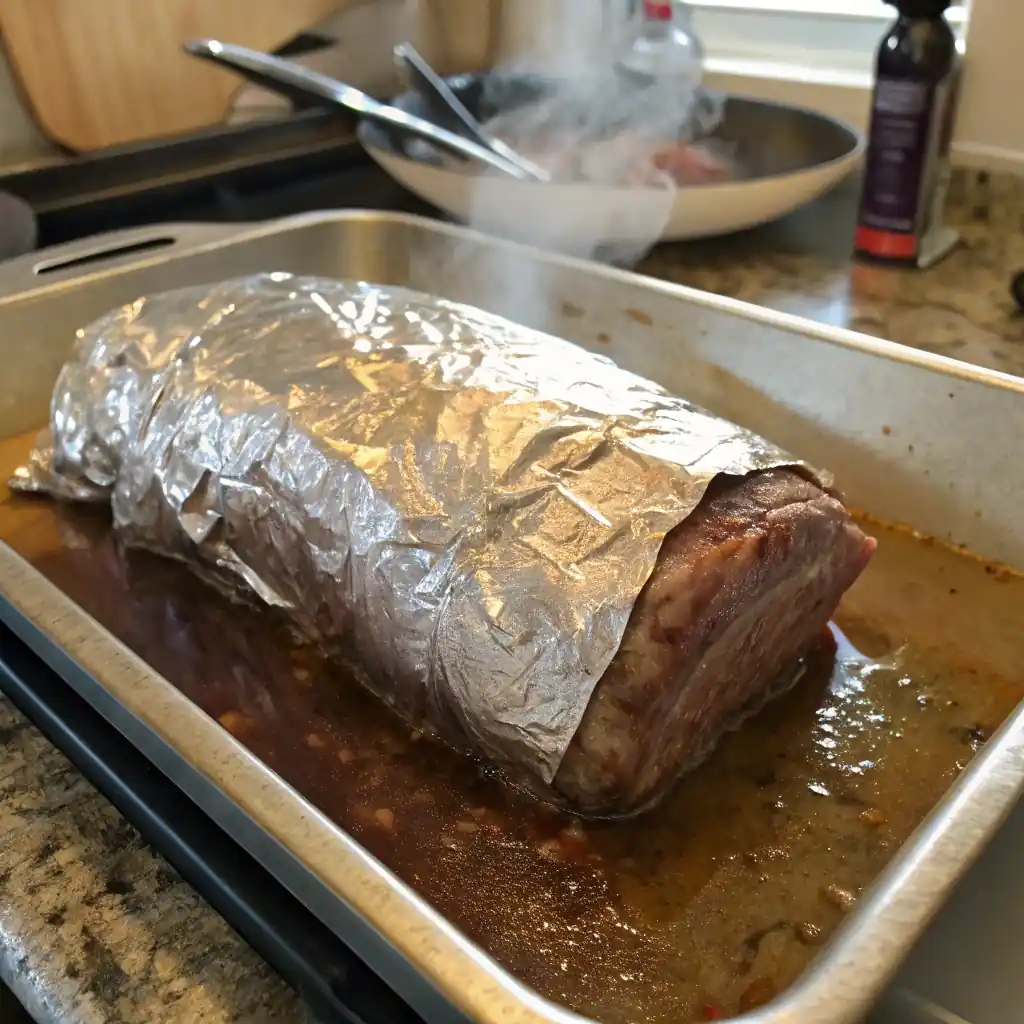 A chopped brisket wrapped in foil and placed in a pan with beef broth, continuing to cook for tenderness.