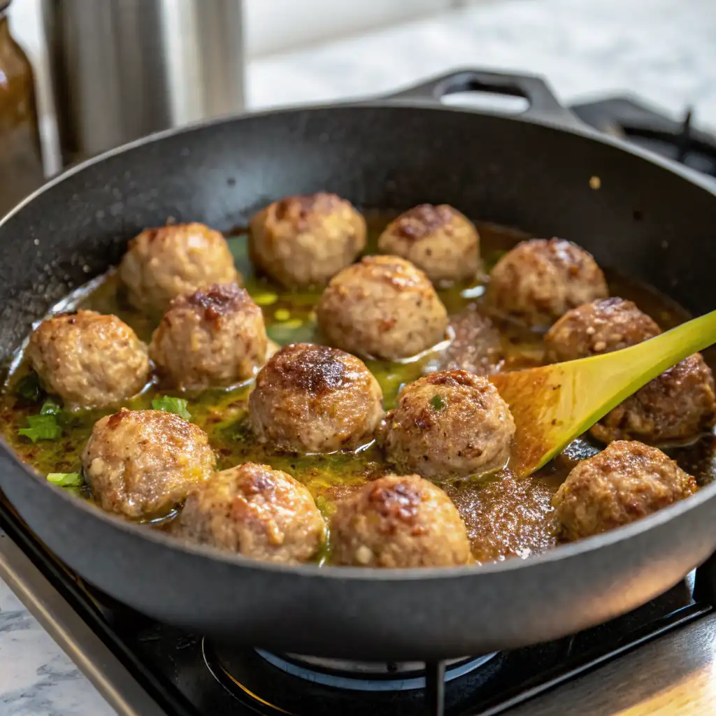 Mississippi Meatballs browning in a skillet with liquid, a spatula present.