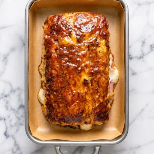 shot of a freshly baked chicken cordon bleu meatloaf in a parchment-lined pan, featuring a caramelized golden glaze with melted cheese and ham oozing from the sides.