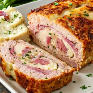 A golden-brown chicken cordon bleu meatloaf, sliced to reveal a savory swirl of melted Swiss cheese and ham inside, garnished with fresh parsley and served with mashed potatoes.