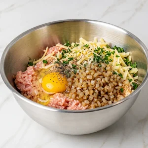 A stainless steel mixing bowl filled with unmixed chicken cordon bleu meatloaf ingredients, including ground meat, a raw egg, shredded cheese, chopped herbs, and sautéed onions.