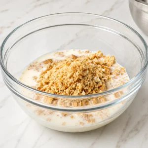 A clear glass mixing bowl containing breadcrumbs soaking in milk on a marble countertop, preparing a panade mixture for chicken cordon bleu meatloaf.