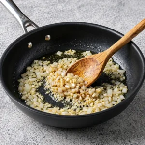 Diced onions and minced garlic being sautéed in a black skillet and stirred with a wooden spoon