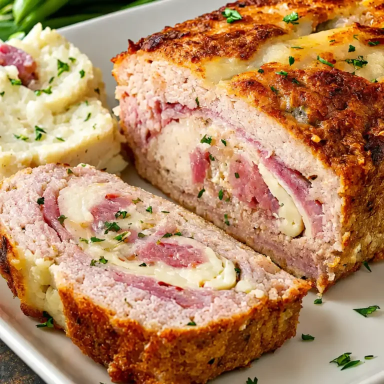 A golden-brown chicken cordon bleu meatloaf, sliced to reveal a savory swirl of melted Swiss cheese and ham inside, garnished with fresh parsley and served with mashed potatoes.