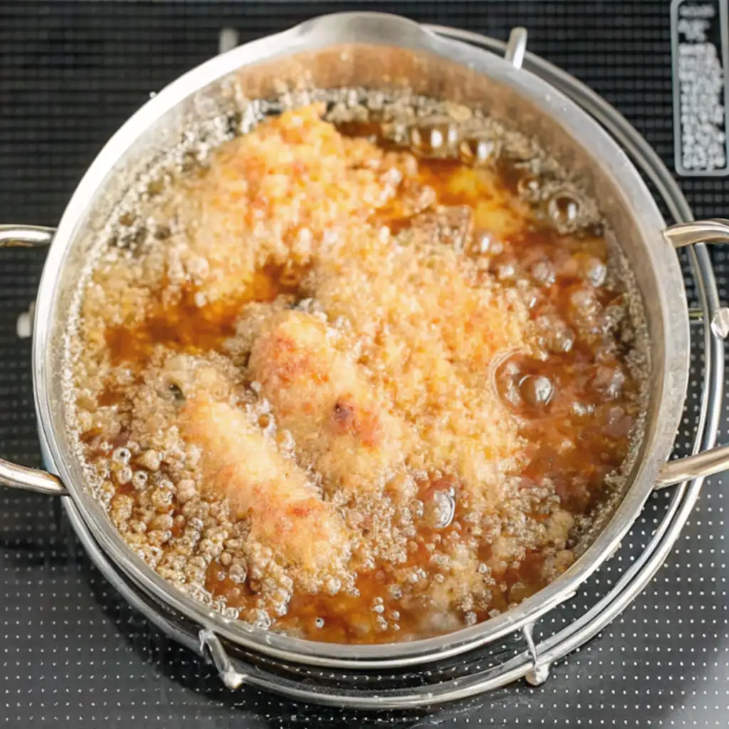 three pieces of golden-brown chicken tempura being deep-fried in a small stainless steel pot with vigorously bubbling hot oil.