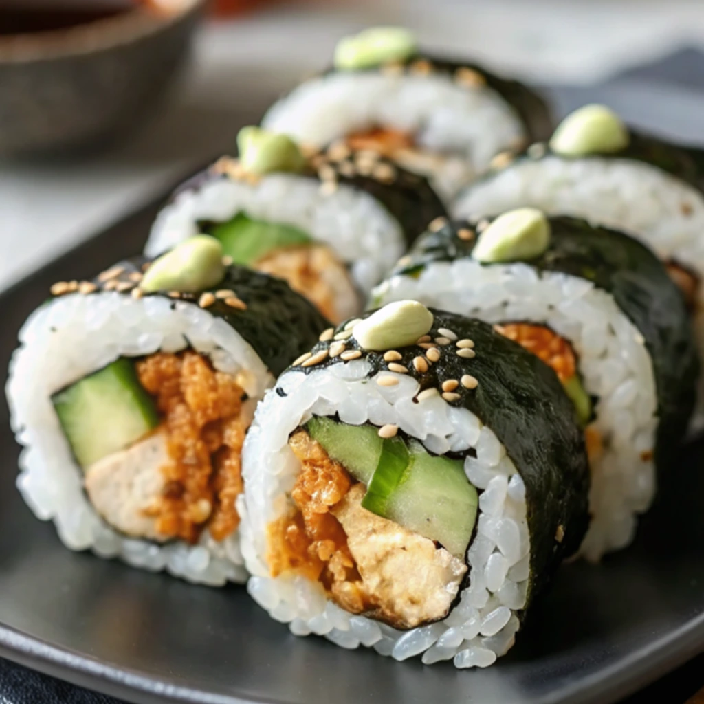 chicken tempura roll containing white rice and nori, with golden fried chicken, sliced green cucumber, and avocado, garnished with wasabi and sesame seeds.
