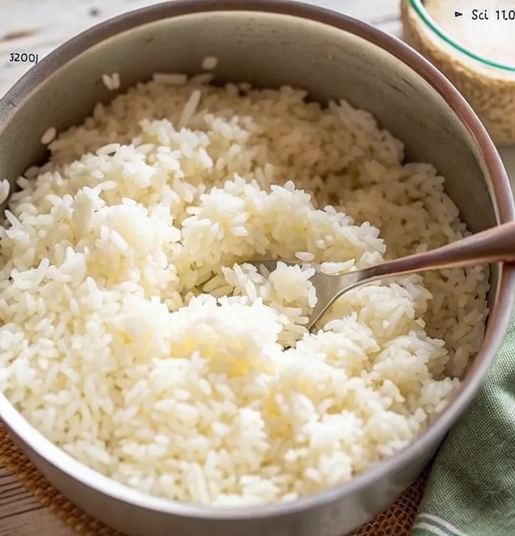 fluffy, white cooked rice inside a stainless steel pot, being gently stirred or fluffed with a metal fork or spoon.