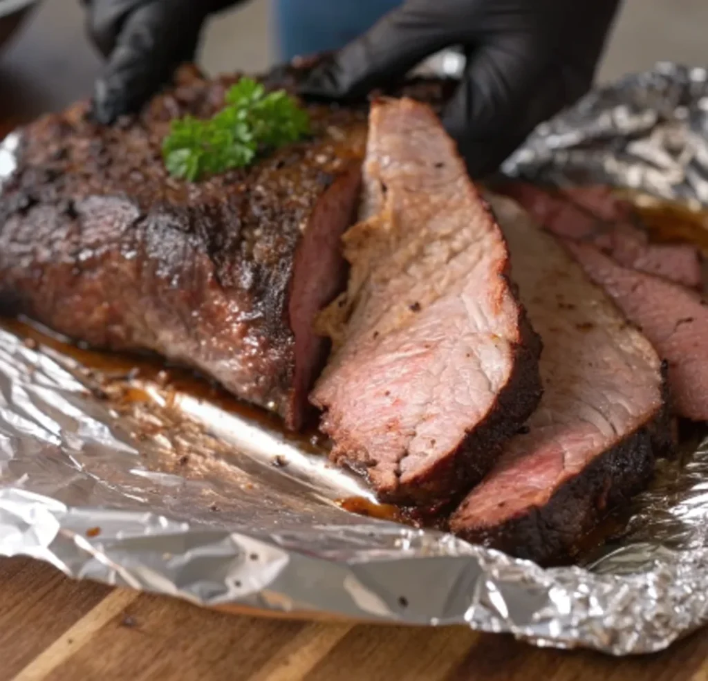 A large, smoked beef brisket with a dark, flavorful bark is being sliced against the grain on a sheet of aluminum foil