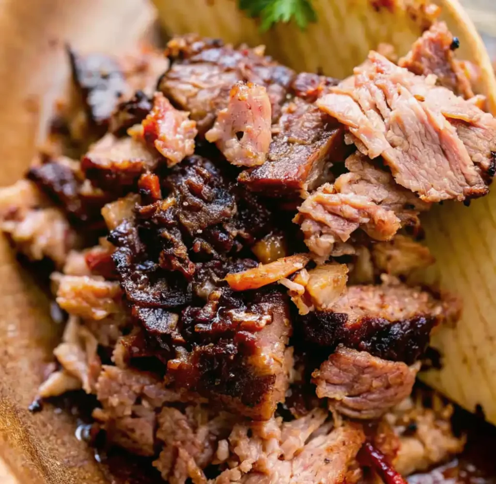 Chopped smoked beef brisket, stacked high, with a dark caramelized crust, tender pink meat, and delicious juices.