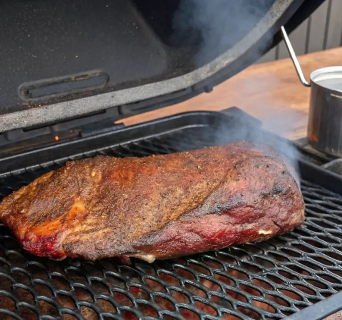 A large brisket flat with a dark, established bark is shown smoking on the grill grates of a black smoker or barbecue pit, with smoke gently rising from the meat.