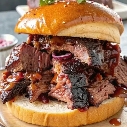 chopped brisket sandwich piled high on a toasted brioche bun. The meat is coated in a glistening barbecue sauce and topped with red onions and cilantro.