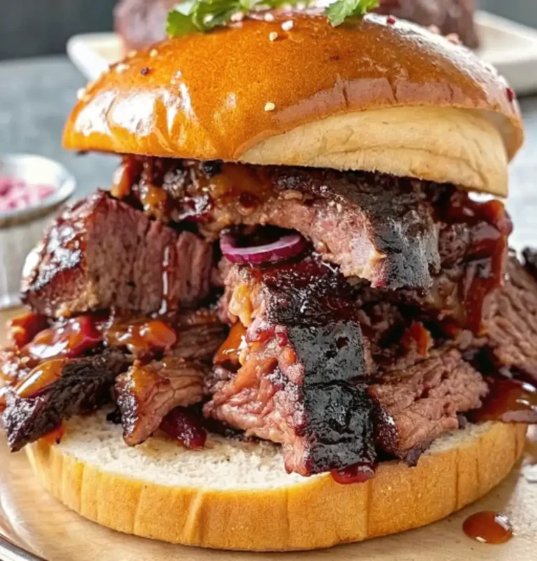 chopped brisket sandwich piled high on a toasted brioche bun. The meat is coated in a glistening barbecue sauce and topped with red onions and cilantro.