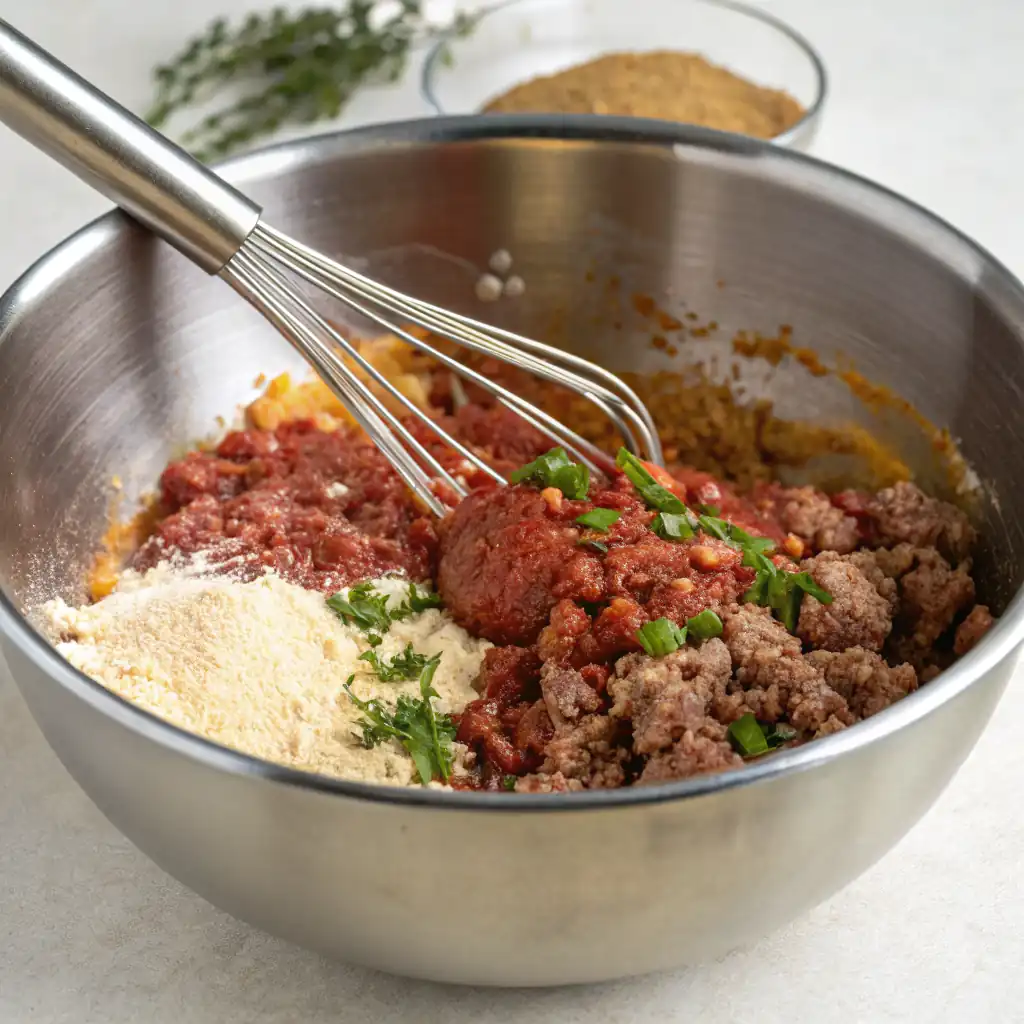 Ground beef, tomato paste, and other meatloaf ingredients in a metal mixing bowl with a whisk.