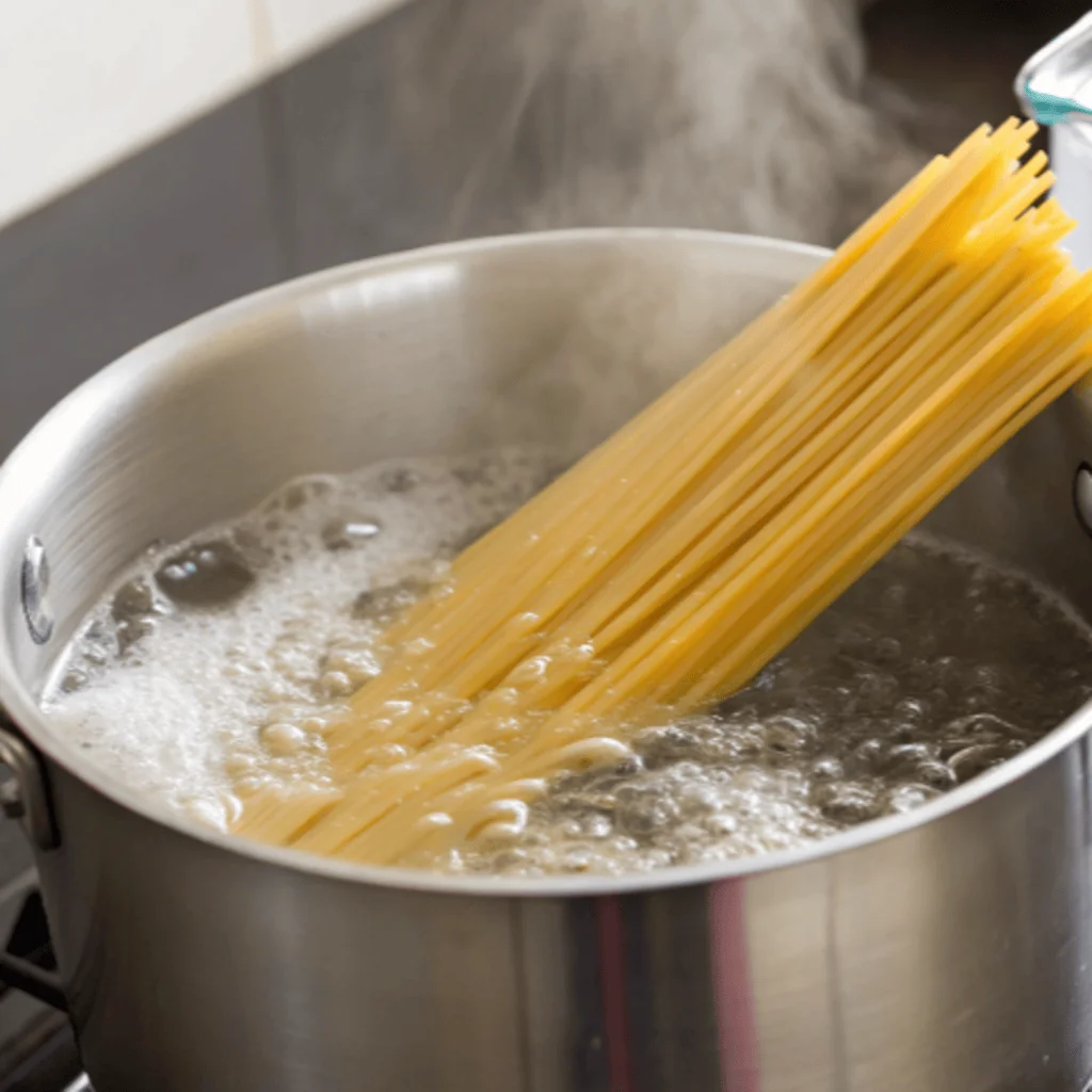 Gluten-free spaghetti noodles being added to a pot of boiling, bubbling, salted water on a stovetop.