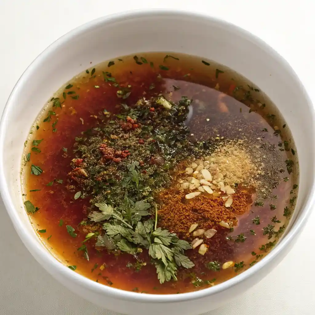 Beef broth, soup mix, Worcestershire, and herbs in a bowl, ready to be whisked.