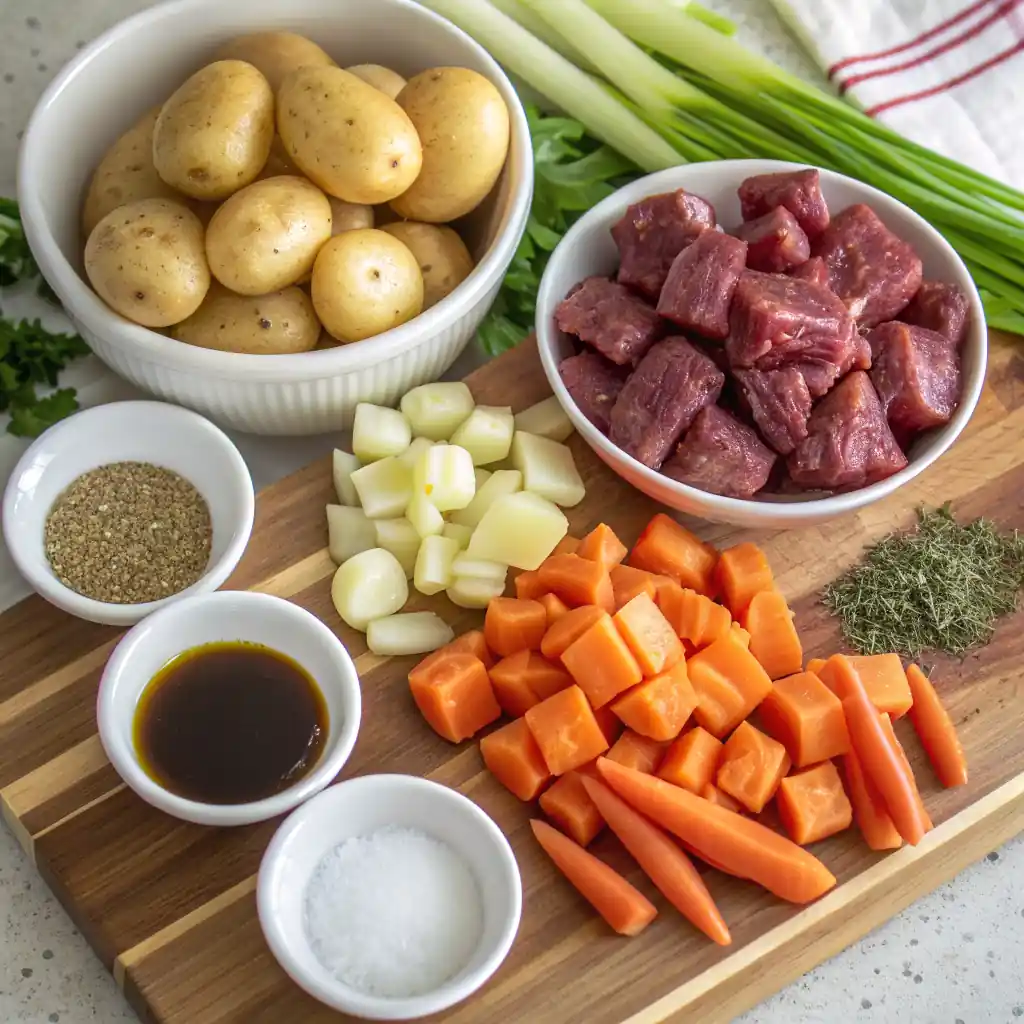 Ingredients for crockpot steak and potatoes: beef, baby potatoes, carrots, onions, garlic, broth, Worcestershire, and seasonings.